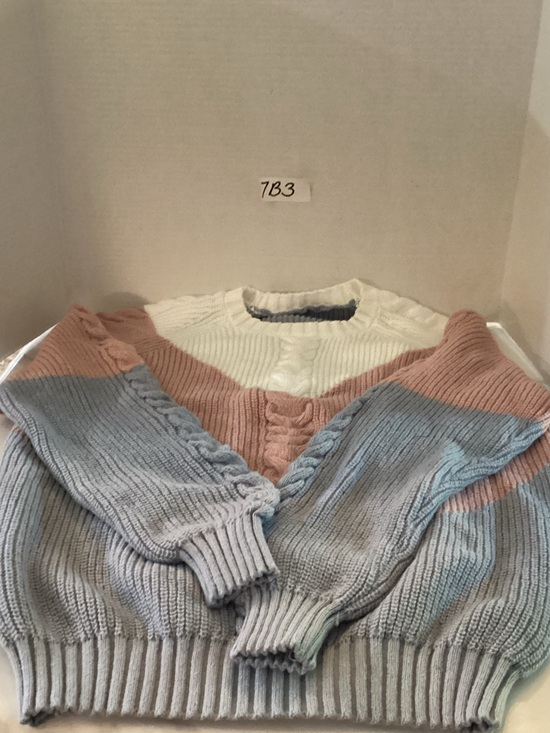 SHEIN Sweaters - SHEIN Colorblock Cable Knit Sweater - Cream, Dusty Pink & Light Blue